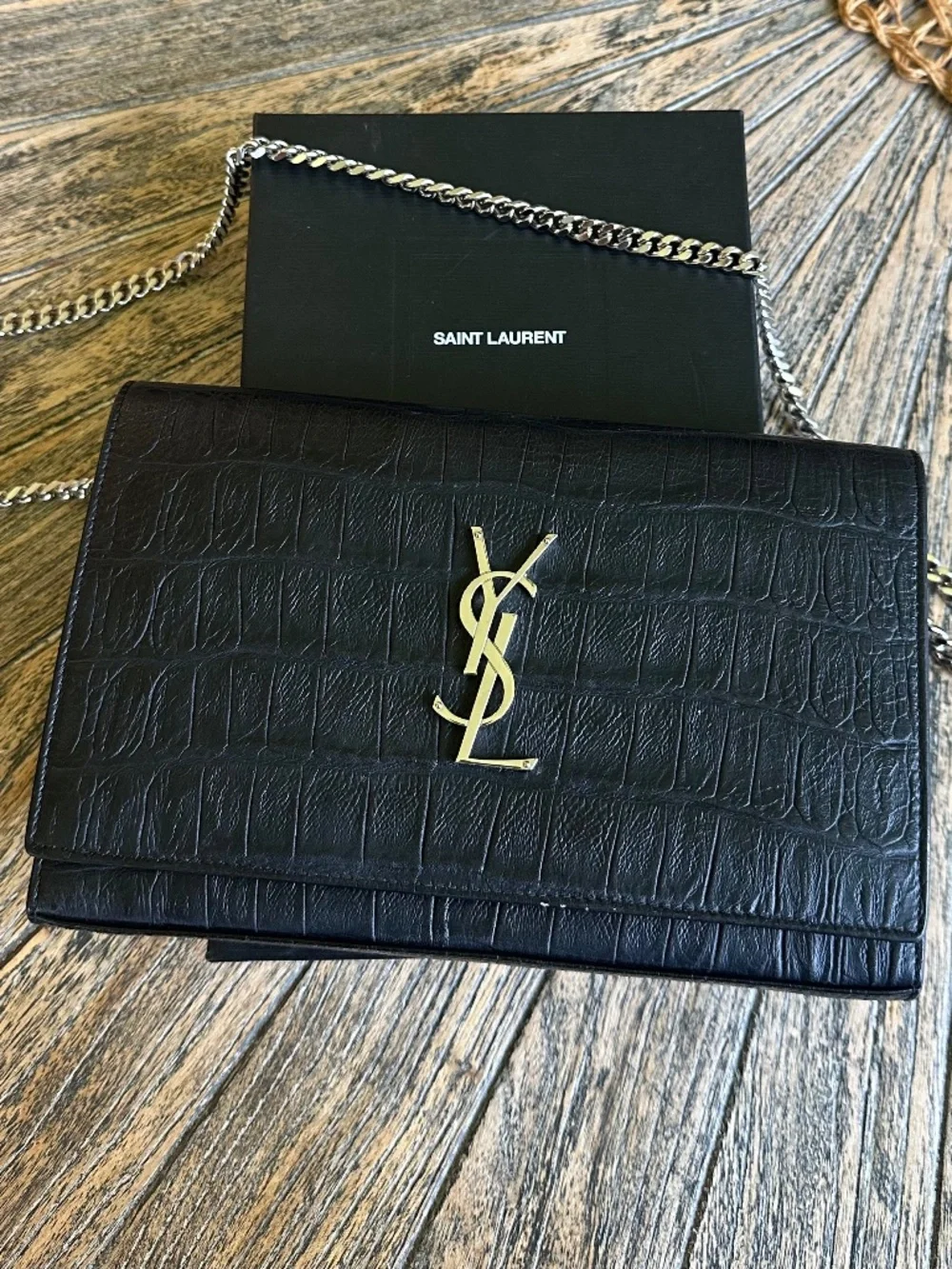 Saint Laurent YSL Monogram Croc Embossed Wallet on Chain WOC Black Leather